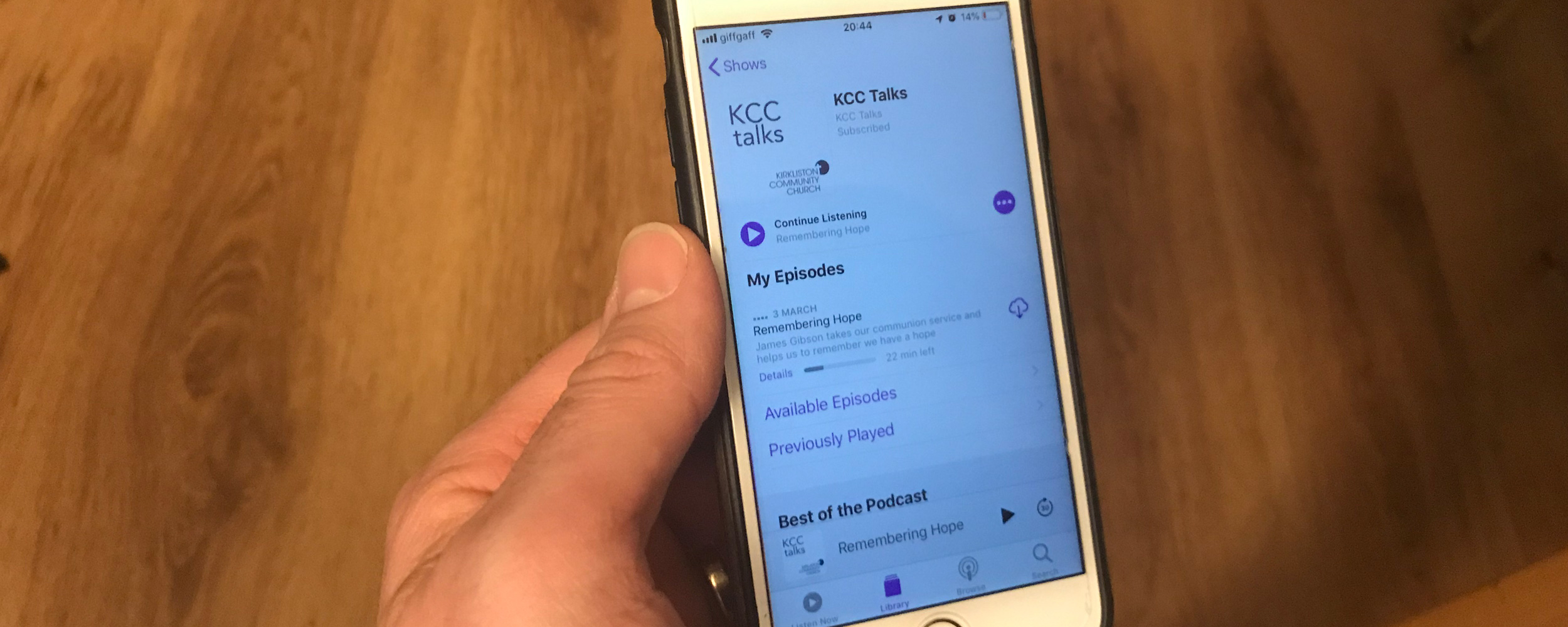 Image of iPhone showing the KC Talks Podcast